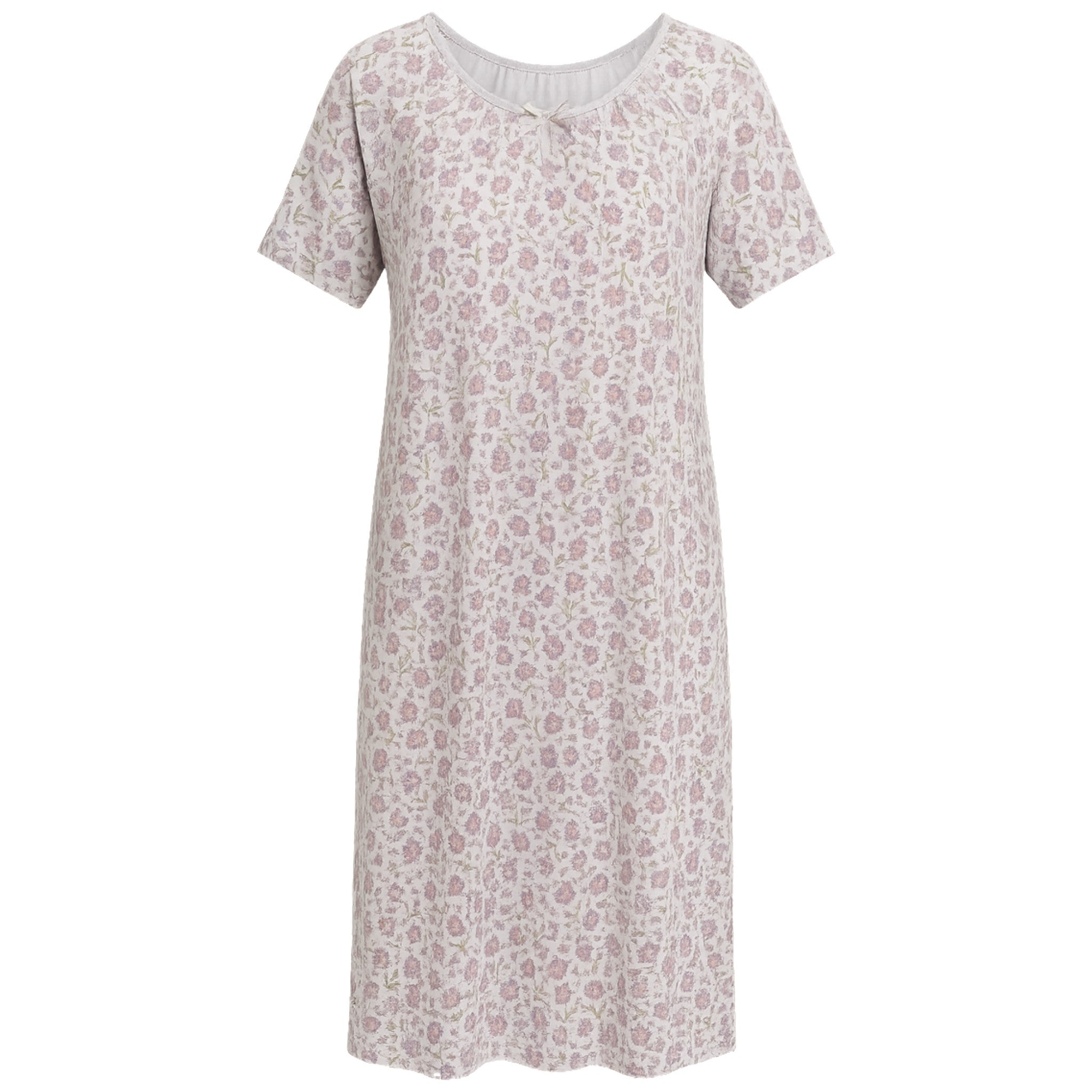 Ladies short sleeve floral print nightdress in purple with bow detail, soft lightweight fabric sleepwear for women